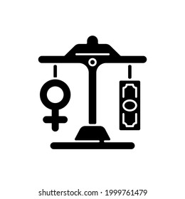 Equal Pay Black Glyph Icon. Gender Pay Gap Decrease. Difference Between Male And Female Earnings. Expansion Of The Rights Of Women. Silhouette Symbol On White Space. Vector Isolated Illustration