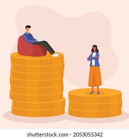 Concepto de brecha salarial igual, hombre de negocios y mujer de pie en la pila de monedas.