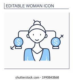 Equal pay line icon. Business gender equality with businessman and businesswoman. Symbol of equal pay,salary, fairness and justice .Isolated vector illustration.Editable stroke