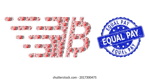 Equal Pay scratched round seal imitation and vector recursive mosaic bitcoin. Blue stamp contains Equal Pay caption inside round shape. Vector mosaic is composed with recursive bitcoin pictograms.