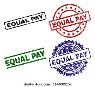 EQUAL PAY seal stamps with damaged style. Black, green,red,blue vector rubber prints of EQUAL PAY tag with dirty style. Rubber seals with round, rectangle, medal shapes.