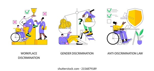 Equal Rights Abstract Concept Vector Illustration Set. Workplace And Gender Discrimination, Anti-discrimination Law, Roles And Stereotypes, Sexual Harassment, Social Equality Abstract Metaphor.