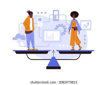 Equal Rights For All Genders In Black Community Flat Vector Illustration. Black Man With Dreadlocks And Black Woman With Afro Have Equal Weight And Opportunities On The Scale Of Social Justice.