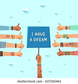 Equal rights dream concepts. Youth crowd with banner "I have a dream". Manifesting new generation crowd. A lot of hands of young people gives thumbs up. Vector illustration in flat design style 