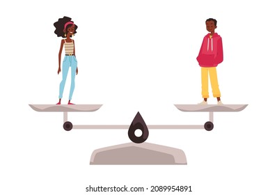 Equal rights and gender equality for man and woman keeping balance standing on scales. Fair comparison and opportunity for both sexes. Flat cartoon vector isolated illustration.