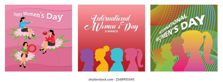 Equal rights of women.Women's Day with different women's silhouettes. Celebrating International Women's Day. Women's Day concept. Set flat vector illustration.