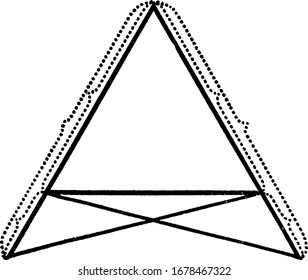 If equal segments in an isosceles triangle is measured, the lines joining the ends of these segments to the opposite ends of the base will be equal, vintage line drawing or engraving illustration.