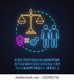 Equal treatment neon light concept icon. Employee rights protection idea. Sexual equality. Gender policy. Women empowerment. Glowing sign with alphabet, numbers, symbols. Vector isolated illustration