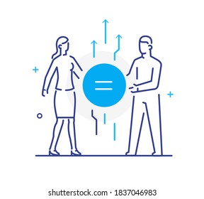 Equality between man and woman. linear illustration Icons infographics. Landing page site print poster. Eps vector. Line story