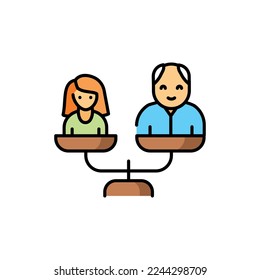 Icono de la línea de color de edad avanzada y joven. Empresa multinacional. Diverso grupo de personas. Ilustración del vector
