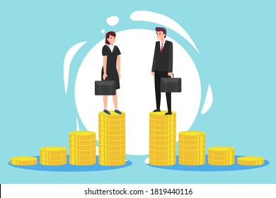 Equality Business vector concept: Young businessman and businesswoman standing on the stacks of the golden coins
