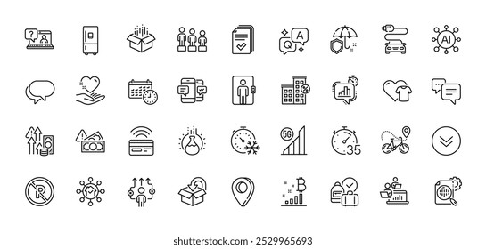 Equality, Car charge and Contactless payment line icons pack. AI, Question and Answer, Map pin icons. Teamwork, Scroll down, Timer web icon. Refrigerator, Elevator, Faq pictogram. Vector