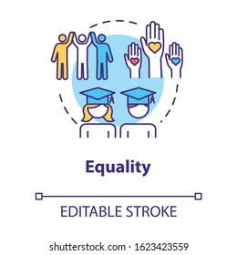 Equality Concept Icon. Positive Support. Diverse Community. College Graduation. Inclusive Education Idea Thin Line Illustration. Vector Isolated Outline RGB Color Drawing. Editable Stroke