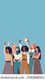 
Equality Day, March 8. Women of different cultures, nationalities and skin colors stand together. Movements for gender equality and women's empowerment. Vertical illustration for women's holidays