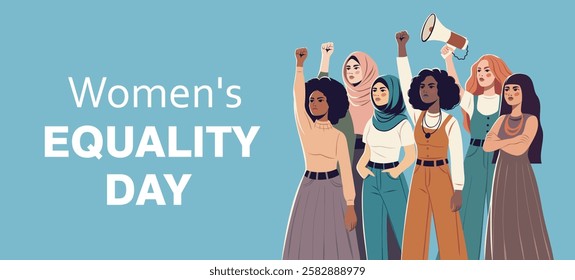 Equality Day, March 8. Women of different cultures, nationalities and skin colors stand together. Movements for gender equality and women's empowerment. Illustration for women's holidays, projects