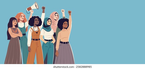 Equality Day, March 8. Women of different cultures, nationalities and skin colors stand together. Movements for gender equality and women's empowerment. Horizontal illustration for women's holidays