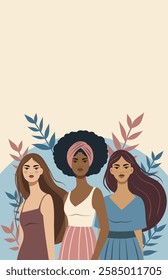 Equality Day, March 8. Women of different cultures, nationalities and skin colors stand together. Gender equality and women empowerment. Vertical illustration for women's holidays, projects