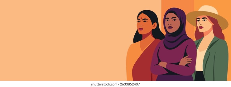 Dia da Igualdade. Banner vetorial com três mulheres de diferentes culturas e cores de pele com espaço para texto. Símbolo de força, respeito e diversidade feminina. Uso para projetos femininos, Dia da Mulher