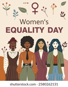 Equality Day. Women's Day. Beautiful women of different skin colors and cultures, symbol of strength, freedom and empowerment of women. Vector banner for women's holidays and projects