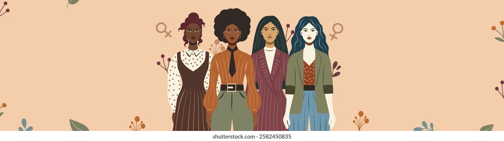 Equality Day. Women's Day. Beautiful women of different skin colors and cultures, symbol of strength and empowerment of women. Vector banner with space for text for women's holidays and projects