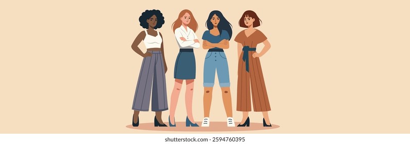 Equality Day. Women's Day. Different women stand together in protest, fighting for gender equality and women's empowerment. Vector banner with space for text for women's projects