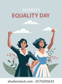 Equality day, women's day. Feminism day. Greeting card with two young women with raised hands. Flat illustration