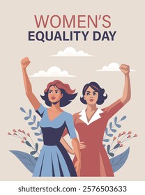 Equality day, women's day. Feminism day. Greeting card with two young women with raised hands. Flat illustration