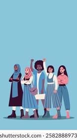 Equality Day, Women's Day, March 8. Women of different cultures, nationalities and skin colors stand together. Gender equality and women's empowerment. Vertical banner for women's holidays, projects