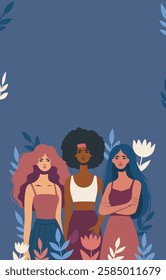 Equality Day, Women's Day, March 8. Women of different cultures, nationalities and skin colors stand together. Gender equality and women's empowerment. Illustration for women's holidays, projects