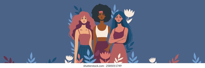 Equality Day, Women's Day, March 8. Women of different cultures, nationalities and skin colors stand side by side. Gender equality and women's empowerment. Illustration for women's holidays, projects