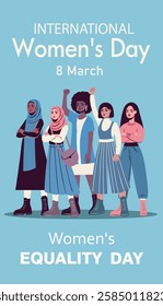 Equality Day, Women's Day, March 8. Women of different cultures, nationalities and skin colors stand together. Gender equality and women's empowerment. Horizontal banner for women's holidays, projects