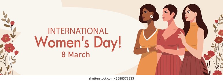 Equality Day. Women's Day. March 8. Women on a background of flowers symbolize freedom, the fight for women's empowerment and gender equality. Vector illustration for women's projects and holidays