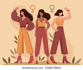 Equality Day. Women's Day. March 8. Women in a protest pose symbolize freedom, the fight for women's empowerment and gender equality. Vector illustration for women's projects and holidays