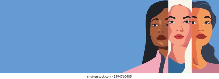 Equality Day. Women's Day. Portraits of different beautiful bright women, symbol of freedoms, gender equality and women's empowerment. Vector banner with place for text for women's projects