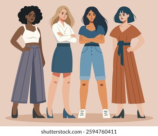 Equality Day. Women's Day. Vector banner. Different women standing together in a protest pose, fighting for gender equality and women's empowerment. Suitable for women's projects