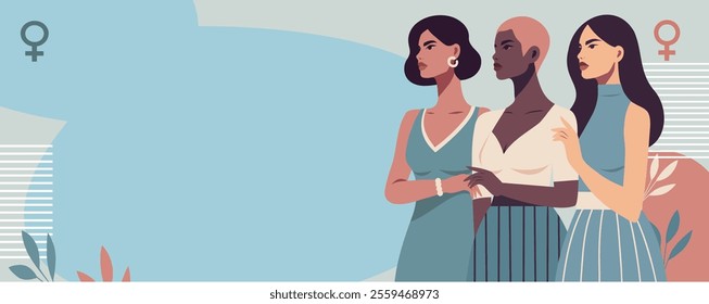 Equality day. Women's day. Vector illustration with place for text, women symbolize freedom, fight for women's empowerment and gender equality. Use for women's holidays, website, social media