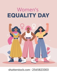 Equality day, women's day. Women feminist activists of different skin colors stand together in protest for equality, empowerment. Vector illustration in pink color palette