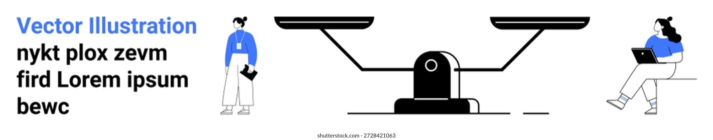 Igualdad, toma de decisiones, justicia, trabajo en equipo, equilibrio, resolución de problemas. Una balanza flanqueada por dos figuras que contienen elementos. Conceptos de igualdad y toma de decisiones visualmente