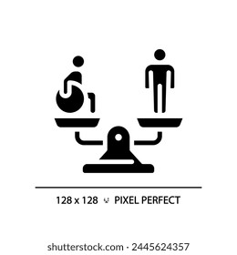 Equality and diversity black glyph icon. Disability rights, community service. Disabled person equal special needs. Silhouette symbol on white space. Solid pictogram. Vector isolated illustration