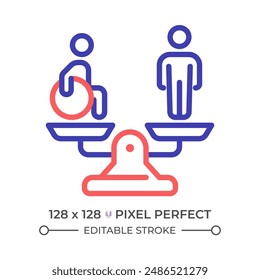 Icono de línea de dos colores. Derechos de las personas con discapacidad, servicio comunitario. Símbolo de contorno bicolor de necesidades especiales de personas discapacitadas. Pictograma lineal de duotono. Ilustración aislada Trazo editable