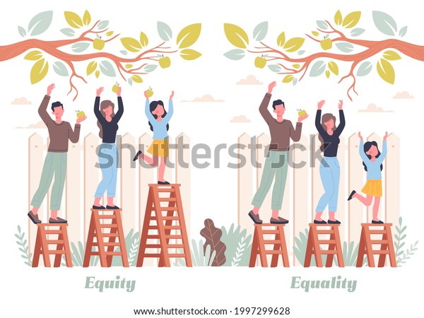 Equality\
and Equity Abstract Concept. Different people pick apples in the\
garden. Human Rights, Equal Opportunities, Respective Needs Banner.\
Modern Flar Cartoon Vector Illustration\
Design