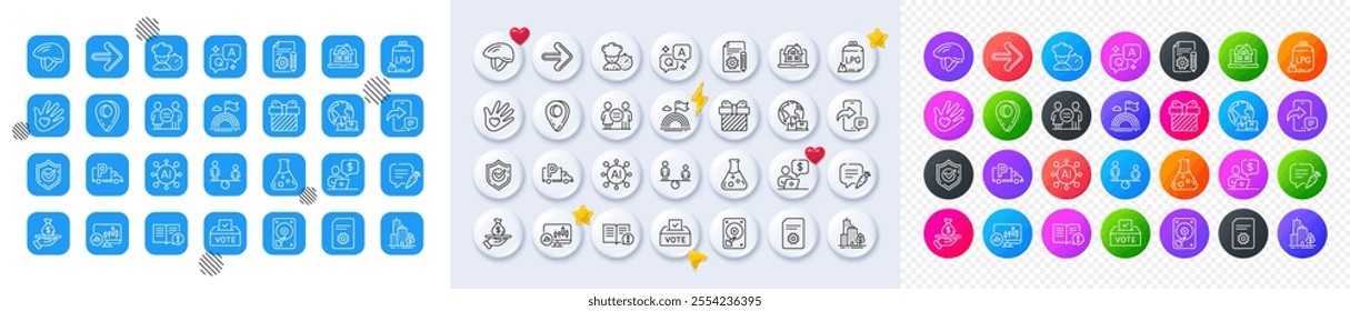 Equality, Equity and Chemistry lab line icons. Square, Gradient, Pin 3d buttons. AI, QA and map pin icons. Pack of Documentation, Chef, Gas cylinder icon. Vector