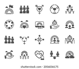 Equality, Equity and Diversity icons. LGBT rights, Equal opportunities and respective needs icons. Inclusion, culture equity and LGBT pride flag. Diverse people equality, Gender symbol. Vector