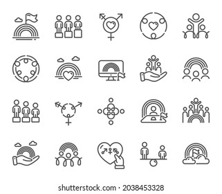 Equality, Equity and Diversity line icons. LGBT rights, Equal opportunities and respective needs icons. Inclusion, culture equity and LGBT pride flag. Diverse people equality, Gender symbol. Vector - Shutterstock ID 2038453328