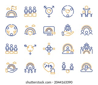 Equality, Equity And Diversity Line Icons. LGBT Rights, Equal Opportunities And Respective Needs Icons. Inclusion, Culture Equity And LGBT Pride Flag. Diverse People Equality, Gender Symbol. Vector