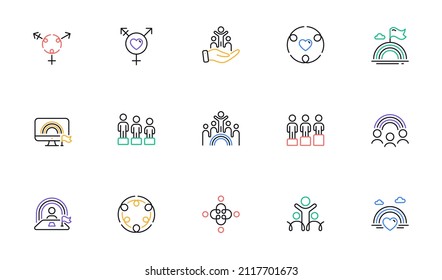 Equality, Equity and Diversity line icons. LGBT rights, Equal opportunities and respective needs icons. Inclusion, culture equity and LGBT pride flag. Diverse people equality, Gender symbol. Vector