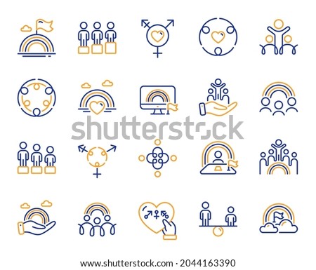 Equality, Equity and Diversity line icons. LGBT rights, Equal opportunities and respective needs icons. Inclusion, culture equity and LGBT pride flag. Diverse people equality, Gender symbol. Vector