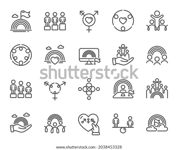 Equality, Equity and Diversity line icons. LGBT\
rights, Equal opportunities and respective needs icons. Inclusion,\
culture equity and LGBT pride flag. Diverse people equality, Gender\
symbol. Vector