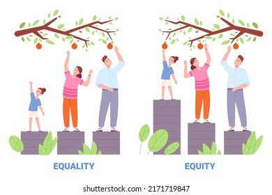 Equality and equity. Equal human rights social justice concept, different people pick fruit tree, supportive equalizer respective public racial gender support vector illustration. Equality social