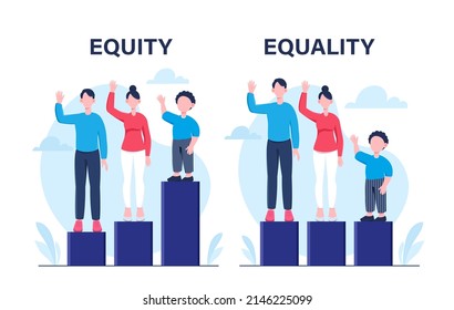 Equality and Equity. Family on various posts, correct assessment and decision making. Tolerance and respect for rights and freedoms, democracy and good relations. Cartoon flat vector illustration